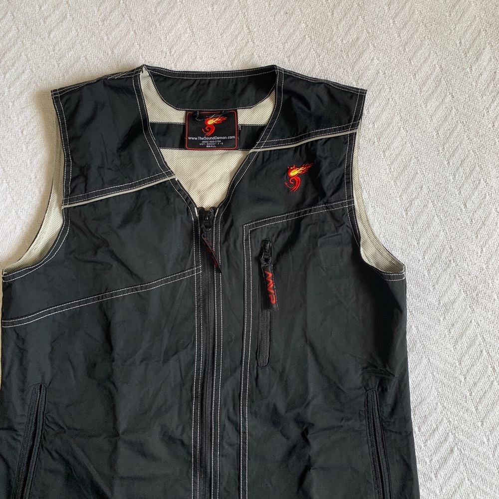 VTG Y2K The Sound Demon‎ Black And Red Polyester Full Zip Vest Sz S Embroidered